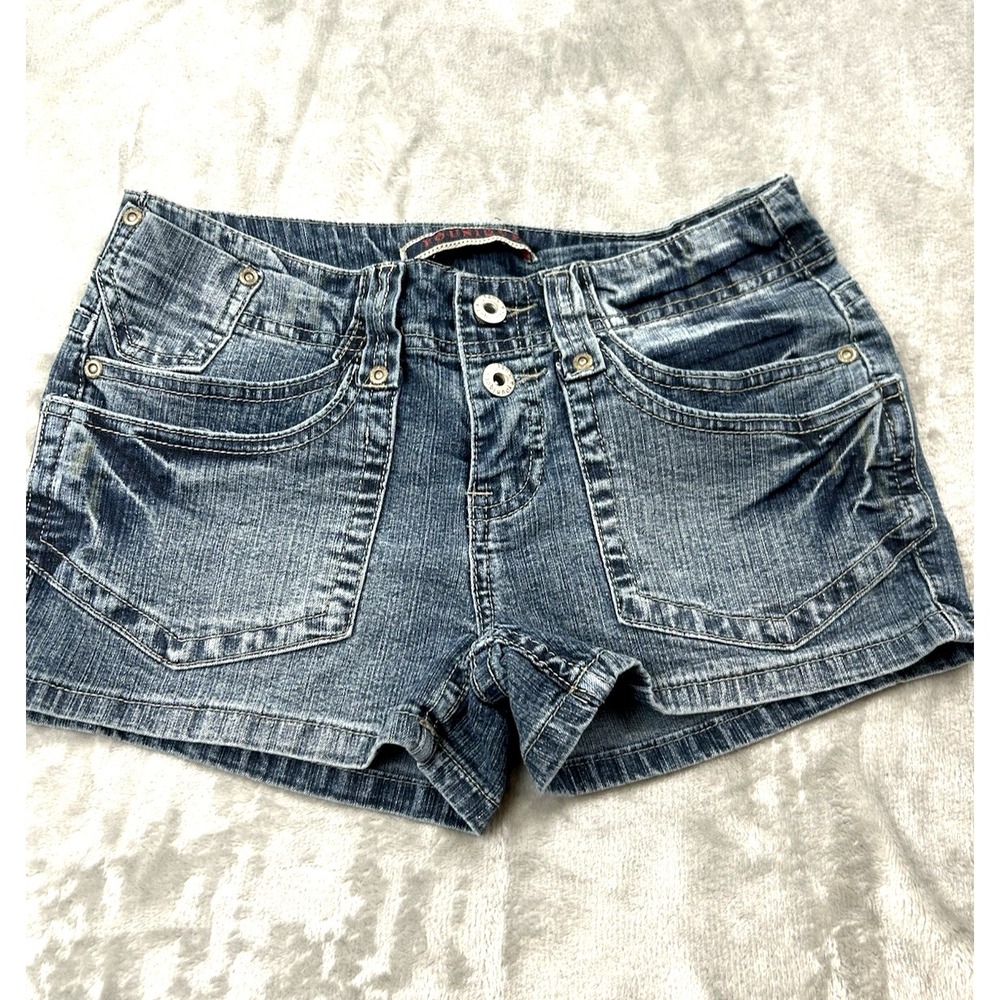 Younique Denim Shorts Size 5 Blue Low Rise Mini Jean Shorts Flap Pocket